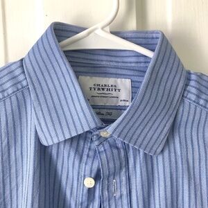 Charles Tyrwhitt Dress Shirt 15.5/34” Slim Fit Blue Striped Twill Weave Non-Iron